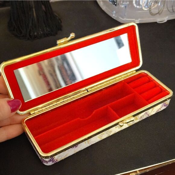 VTG Asian Silk Wrapped Floral Gold Purple Travel Jewelry Box with Mirror - Picture 4 of 15